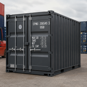 10ft high cube shipping container, steel, gray, compact with extra vertical clearance, double doors at one end